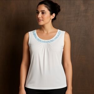 Melanie Lyne Pale Pink Embellished Sleeveless Blouse Top Sz L beaded Scoop Neck